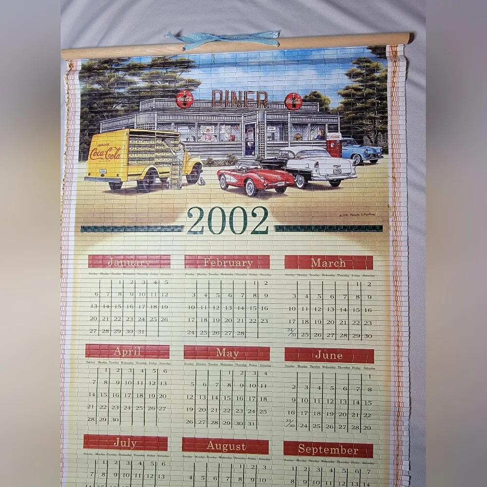 Coca Cola 2001 / 2002 Double Sided Bamboo Scroll Calendar W/ Box VINTAGE